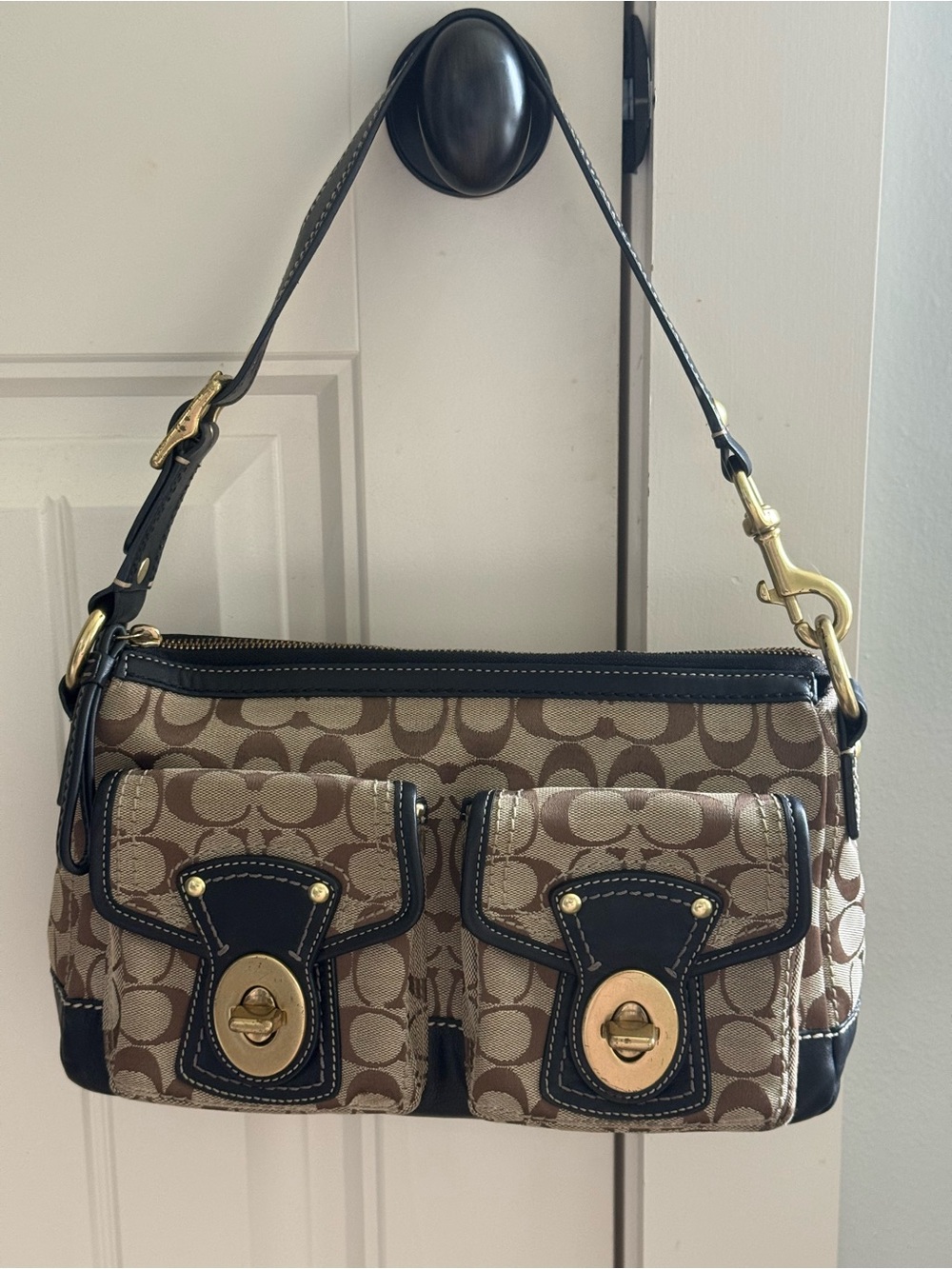 Coach Signature Double Pocket Canvas Shoulder Bag with Black Trim F12869